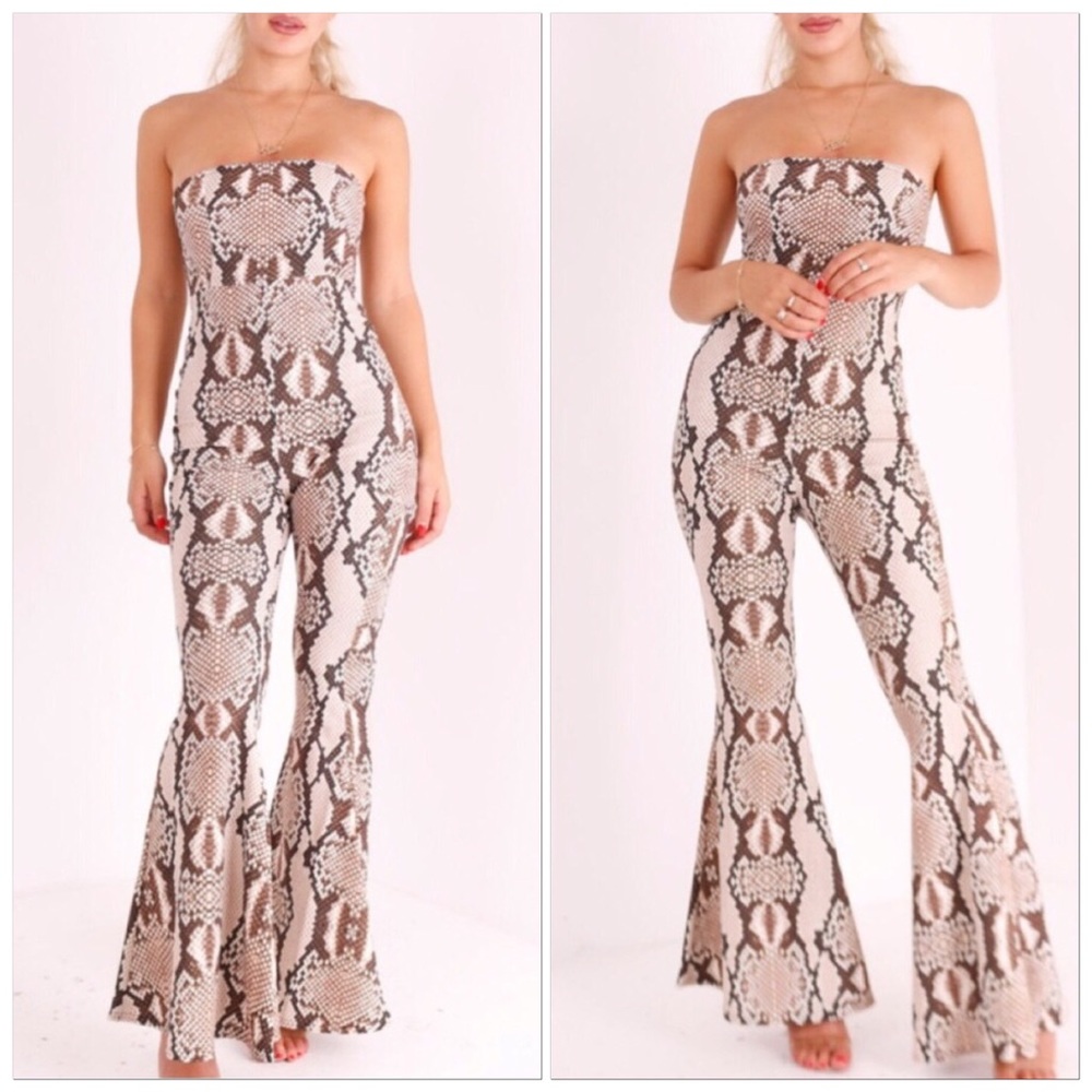 🆕Y2K Snakeskin One-piece Bell Bottom Strapless Tube-top Jumpsuit Romper Wideleg